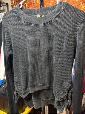 Free People Southside Thermal Side Lace Waffle Knit Top Washed Black